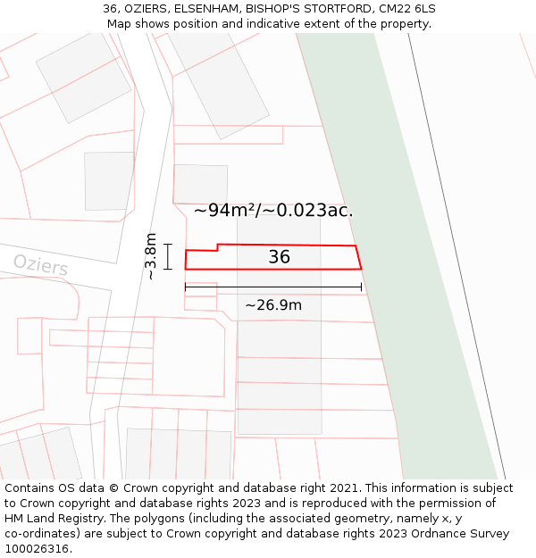 36, OZIERS, ELSENHAM, BISHOP'S STORTFORD, CM22 6LS: Plot and title map