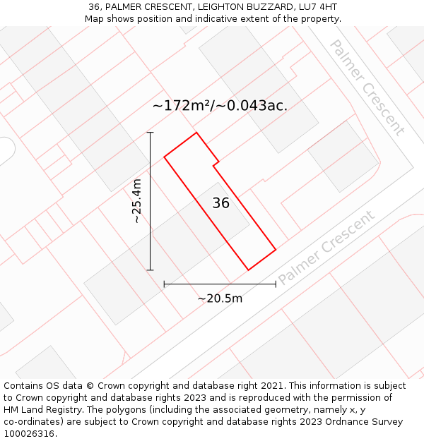 36, PALMER CRESCENT, LEIGHTON BUZZARD, LU7 4HT: Plot and title map