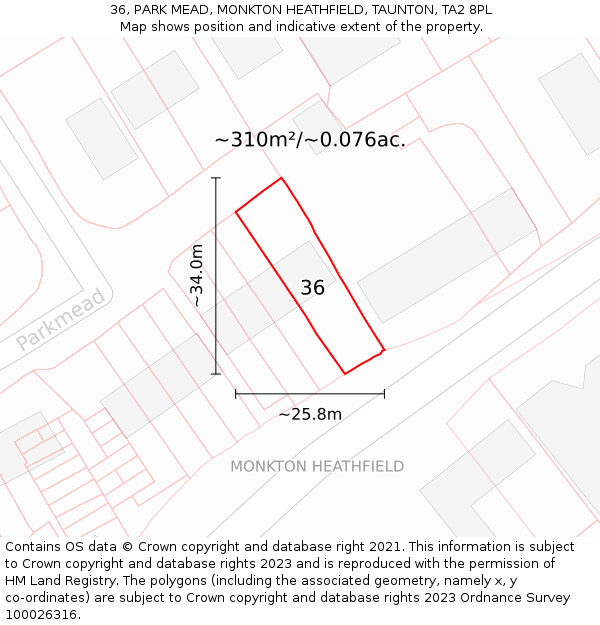 36, PARK MEAD, MONKTON HEATHFIELD, TAUNTON, TA2 8PL: Plot and title map