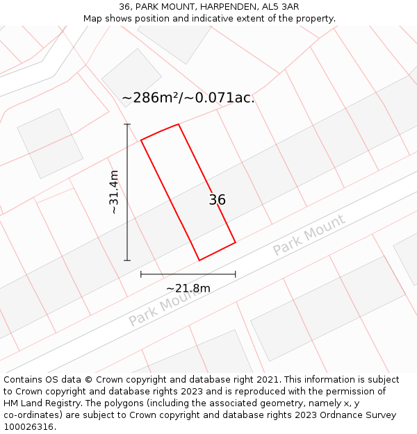 36, PARK MOUNT, HARPENDEN, AL5 3AR: Plot and title map