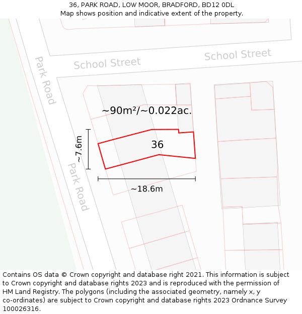 36, PARK ROAD, LOW MOOR, BRADFORD, BD12 0DL: Plot and title map