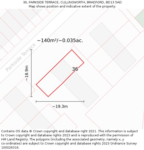 36, PARKSIDE TERRACE, CULLINGWORTH, BRADFORD, BD13 5AD: Plot and title map