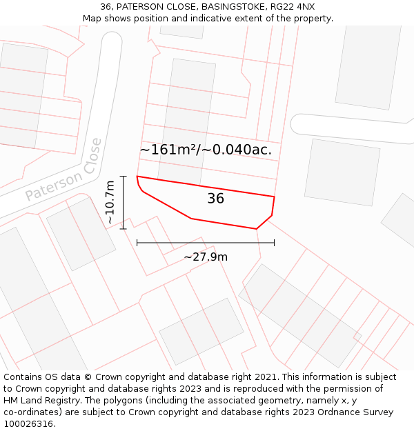 36, PATERSON CLOSE, BASINGSTOKE, RG22 4NX: Plot and title map