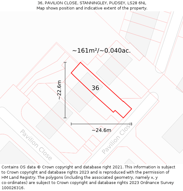 36, PAVILION CLOSE, STANNINGLEY, PUDSEY, LS28 6NL: Plot and title map
