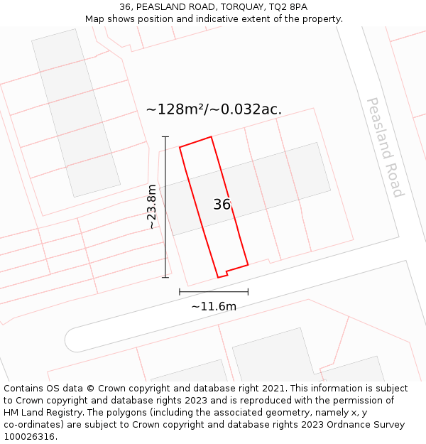 36, PEASLAND ROAD, TORQUAY, TQ2 8PA: Plot and title map
