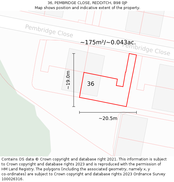 36, PEMBRIDGE CLOSE, REDDITCH, B98 0JP: Plot and title map