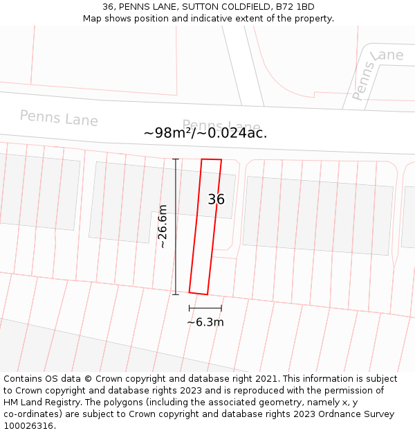 36, PENNS LANE, SUTTON COLDFIELD, B72 1BD: Plot and title map