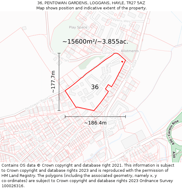 36, PENTOWAN GARDENS, LOGGANS, HAYLE, TR27 5AZ: Plot and title map