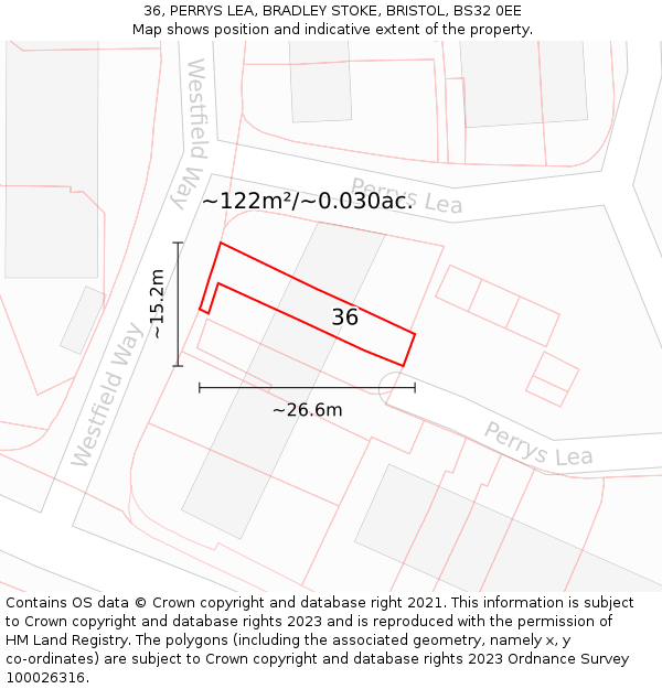 36, PERRYS LEA, BRADLEY STOKE, BRISTOL, BS32 0EE: Plot and title map