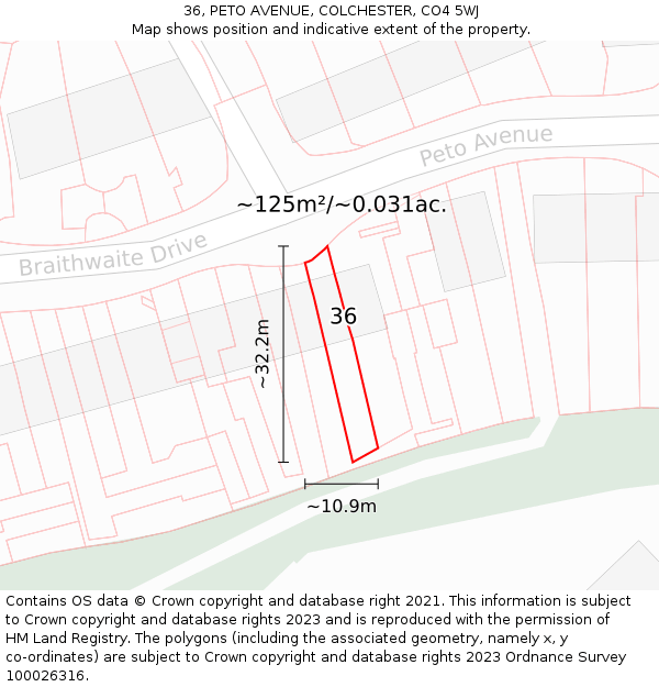 36, PETO AVENUE, COLCHESTER, CO4 5WJ: Plot and title map