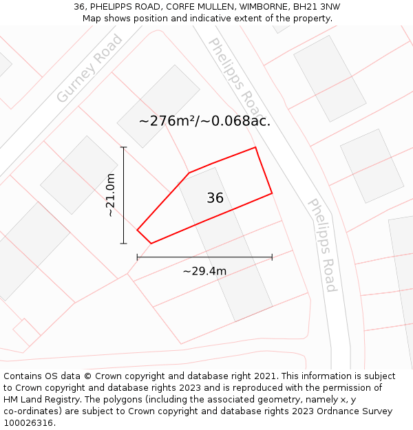 36, PHELIPPS ROAD, CORFE MULLEN, WIMBORNE, BH21 3NW: Plot and title map