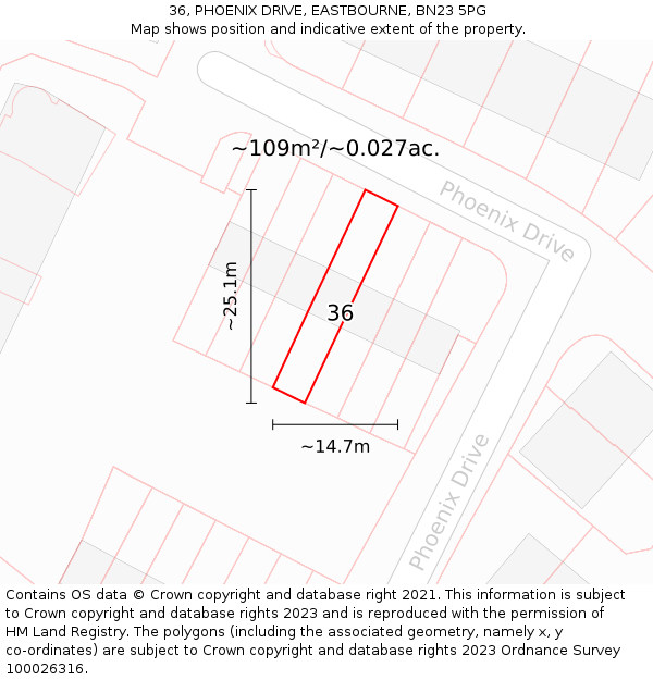 36, PHOENIX DRIVE, EASTBOURNE, BN23 5PG: Plot and title map