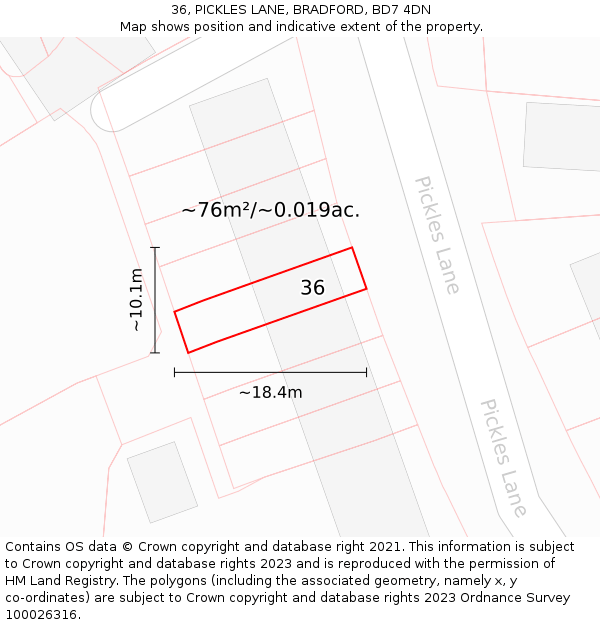 36, PICKLES LANE, BRADFORD, BD7 4DN: Plot and title map