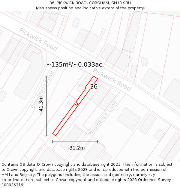 36, PICKWICK ROAD, CORSHAM, SN13 9BU: Plot and title map