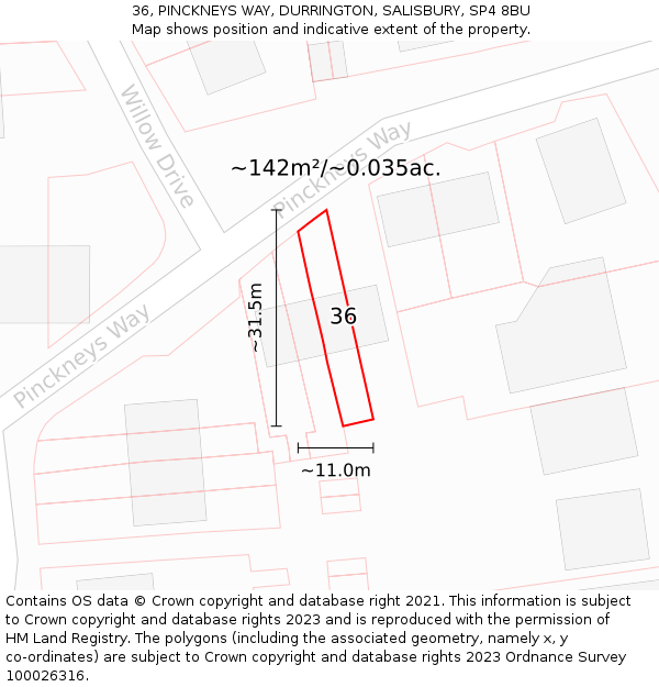 36, PINCKNEYS WAY, DURRINGTON, SALISBURY, SP4 8BU: Plot and title map