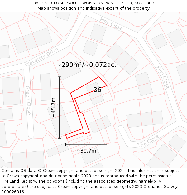36, PINE CLOSE, SOUTH WONSTON, WINCHESTER, SO21 3EB: Plot and title map