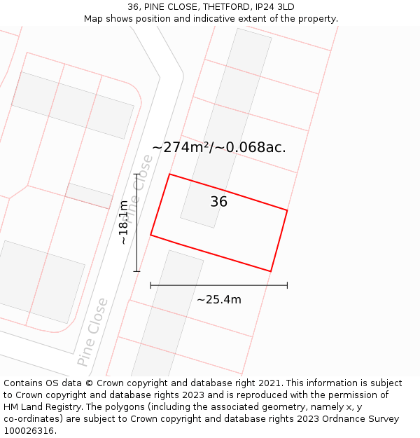36, PINE CLOSE, THETFORD, IP24 3LD: Plot and title map
