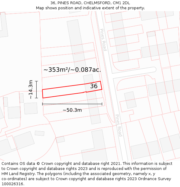 36, PINES ROAD, CHELMSFORD, CM1 2DL: Plot and title map