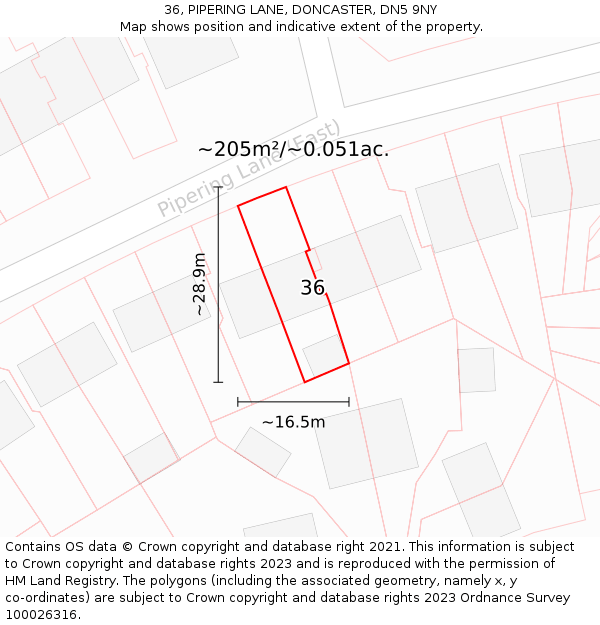36, PIPERING LANE, DONCASTER, DN5 9NY: Plot and title map