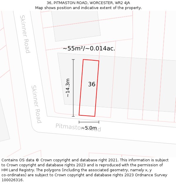 36, PITMASTON ROAD, WORCESTER, WR2 4JA: Plot and title map