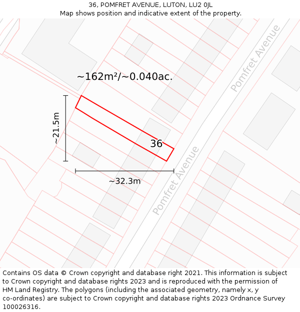 36, POMFRET AVENUE, LUTON, LU2 0JL: Plot and title map