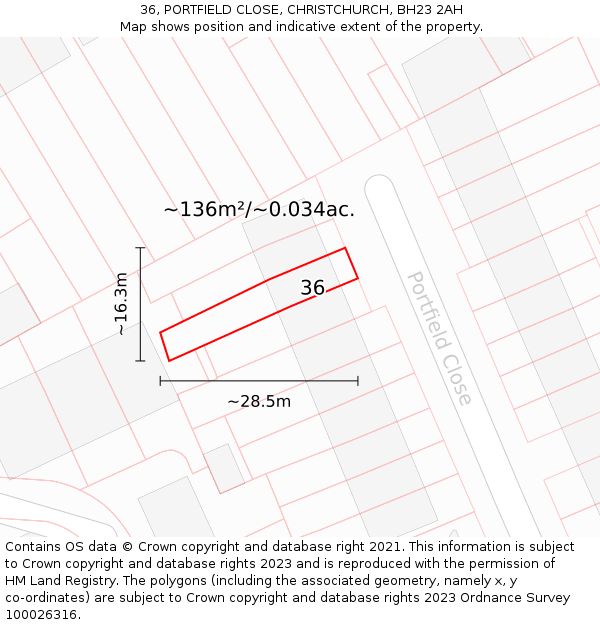 36, PORTFIELD CLOSE, CHRISTCHURCH, BH23 2AH: Plot and title map