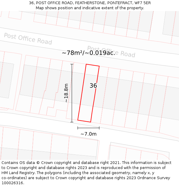 36, POST OFFICE ROAD, FEATHERSTONE, PONTEFRACT, WF7 5ER: Plot and title map