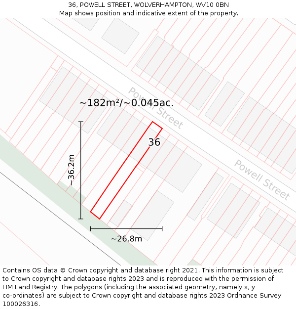 36, POWELL STREET, WOLVERHAMPTON, WV10 0BN: Plot and title map
