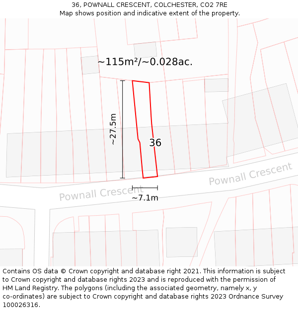 36, POWNALL CRESCENT, COLCHESTER, CO2 7RE: Plot and title map