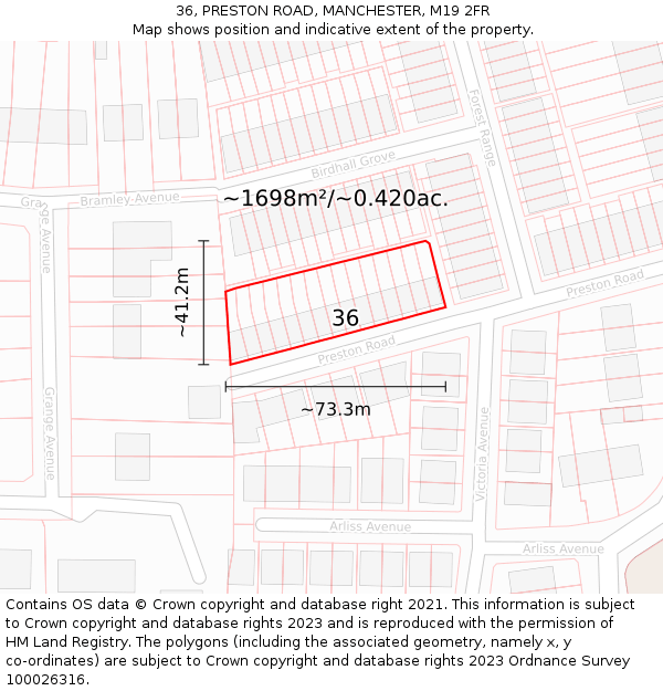 36, PRESTON ROAD, MANCHESTER, M19 2FR: Plot and title map