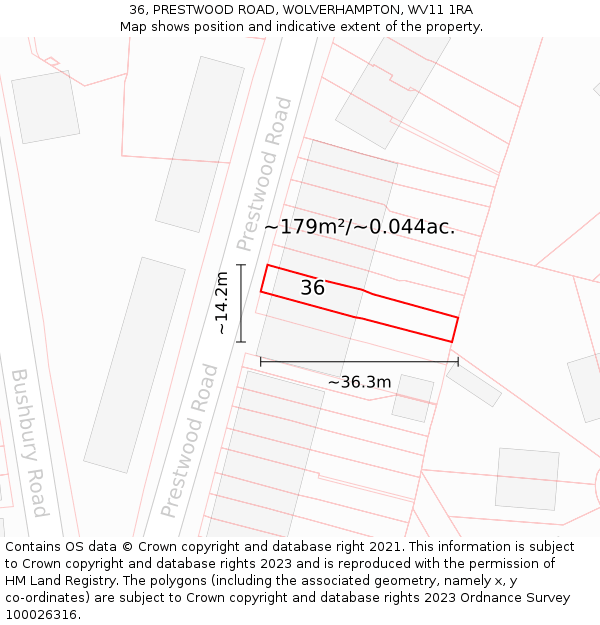 36, PRESTWOOD ROAD, WOLVERHAMPTON, WV11 1RA: Plot and title map