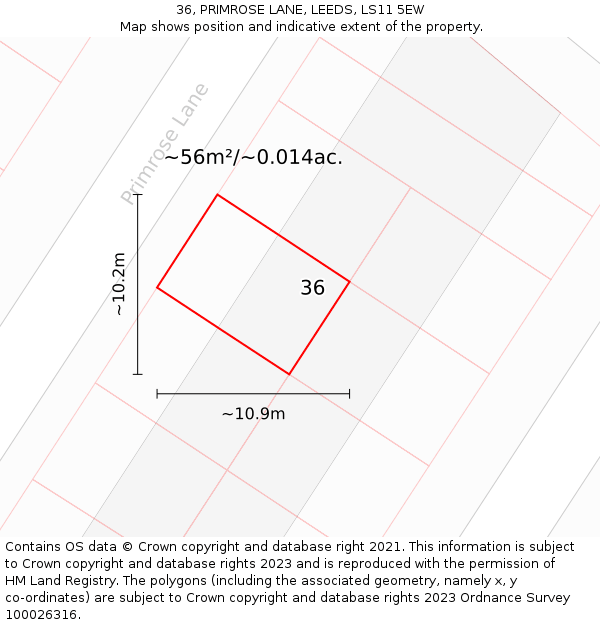 36, PRIMROSE LANE, LEEDS, LS11 5EW: Plot and title map
