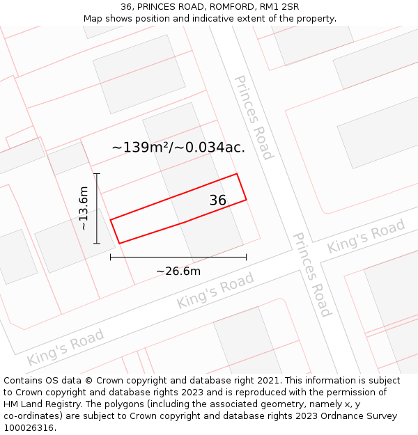 36, PRINCES ROAD, ROMFORD, RM1 2SR: Plot and title map