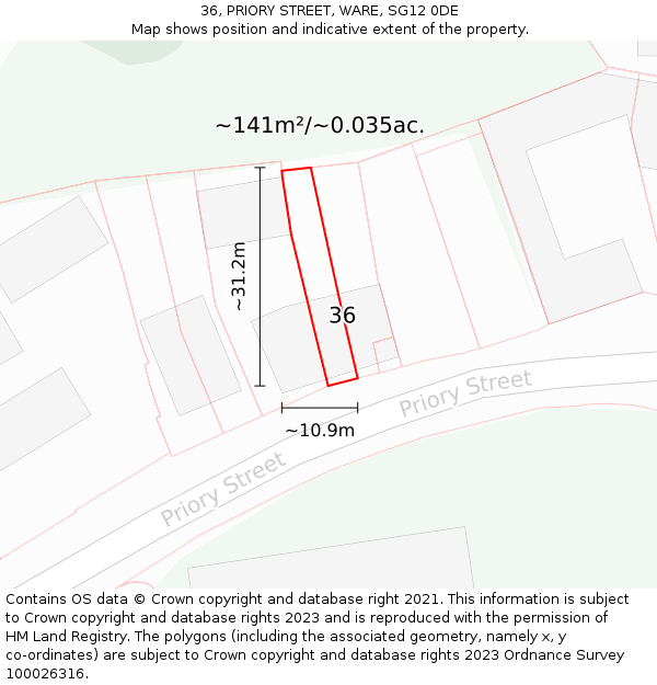 36, PRIORY STREET, WARE, SG12 0DE: Plot and title map
