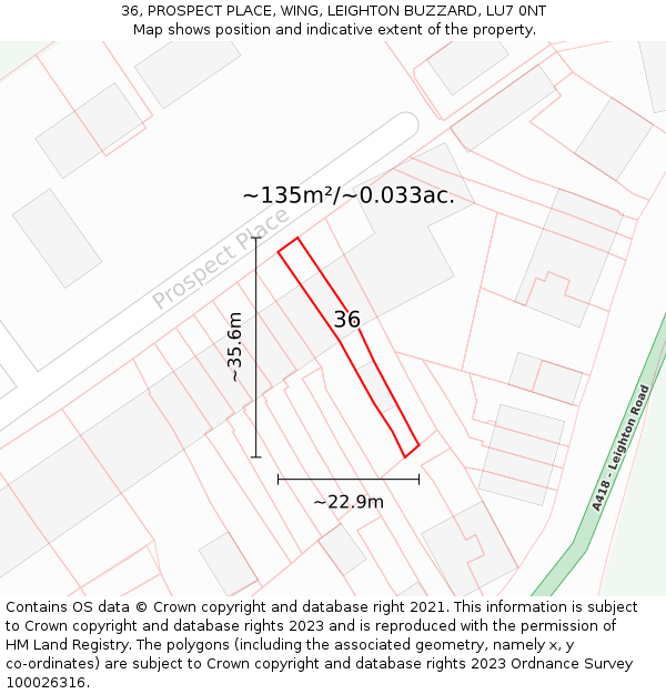 36, PROSPECT PLACE, WING, LEIGHTON BUZZARD, LU7 0NT: Plot and title map