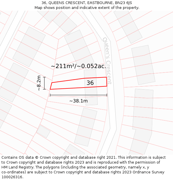 36, QUEENS CRESCENT, EASTBOURNE, BN23 6JS: Plot and title map