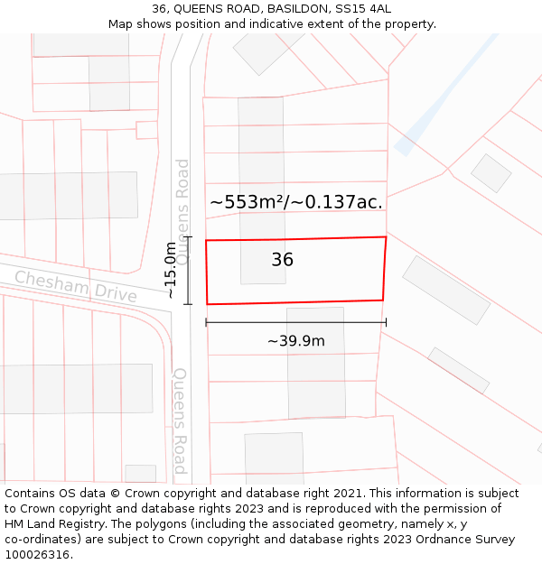 36, QUEENS ROAD, BASILDON, SS15 4AL: Plot and title map