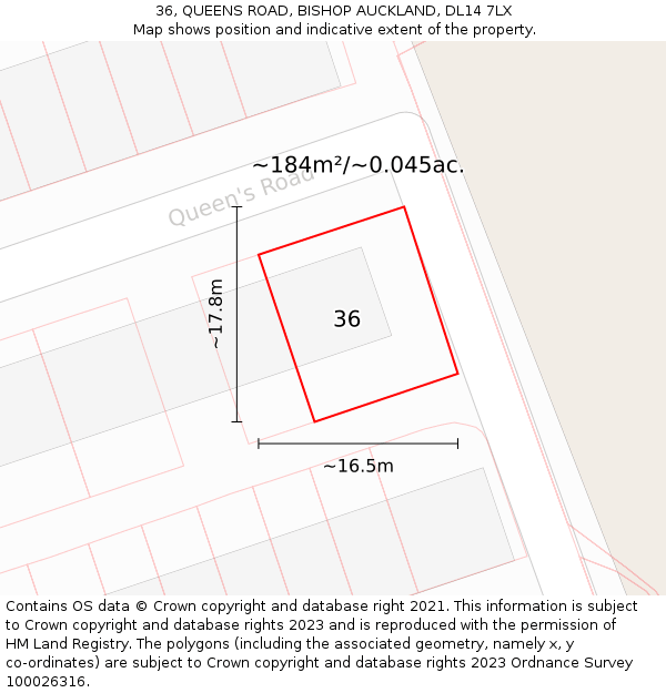 36, QUEENS ROAD, BISHOP AUCKLAND, DL14 7LX: Plot and title map