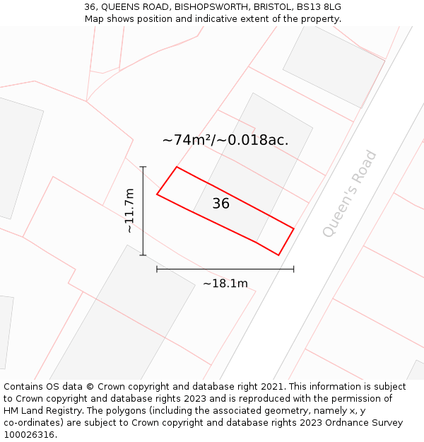 36, QUEENS ROAD, BISHOPSWORTH, BRISTOL, BS13 8LG: Plot and title map