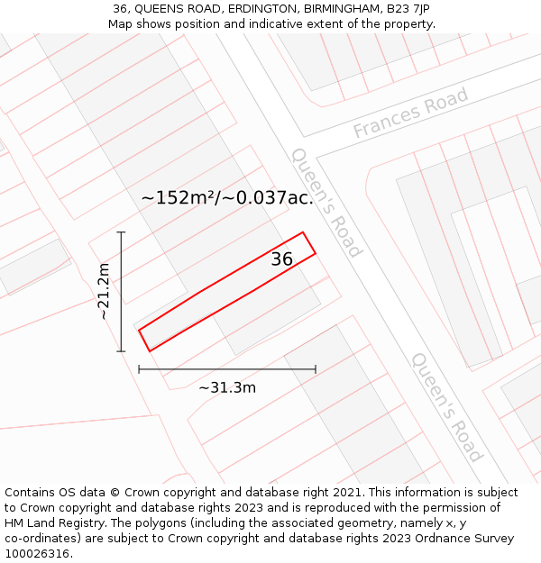 36, QUEENS ROAD, ERDINGTON, BIRMINGHAM, B23 7JP: Plot and title map