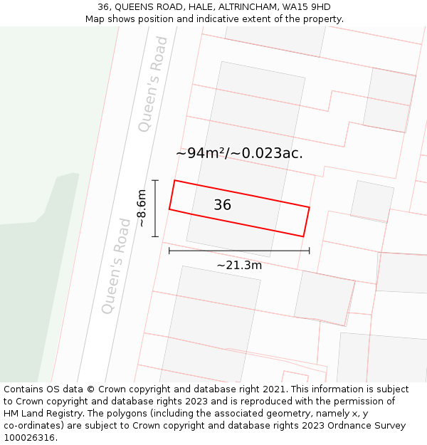 36, QUEENS ROAD, HALE, ALTRINCHAM, WA15 9HD: Plot and title map