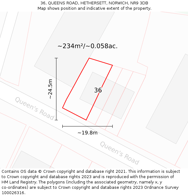 36, QUEENS ROAD, HETHERSETT, NORWICH, NR9 3DB: Plot and title map