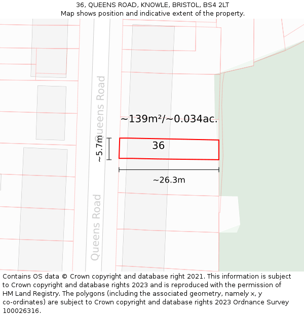 36, QUEENS ROAD, KNOWLE, BRISTOL, BS4 2LT: Plot and title map