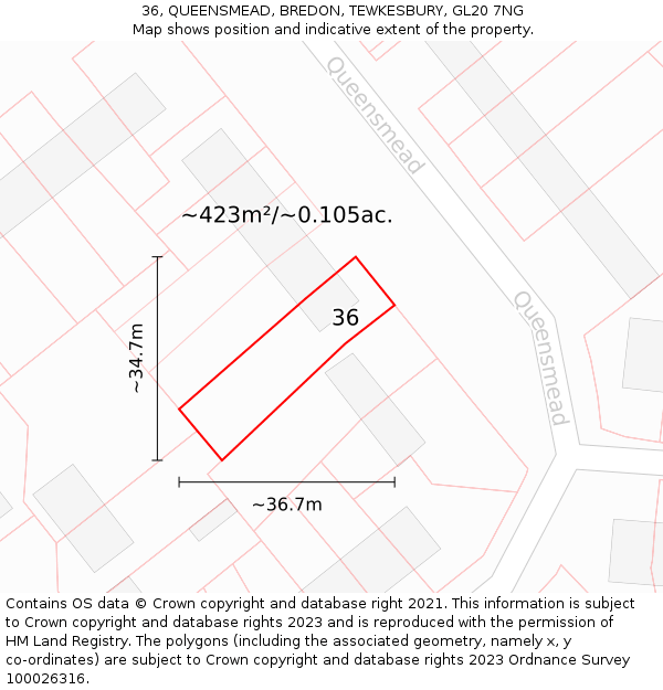 36, QUEENSMEAD, BREDON, TEWKESBURY, GL20 7NG: Plot and title map