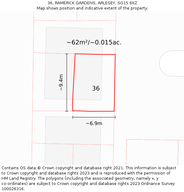 36, RAMERICK GARDENS, ARLESEY, SG15 6XZ: Plot and title map
