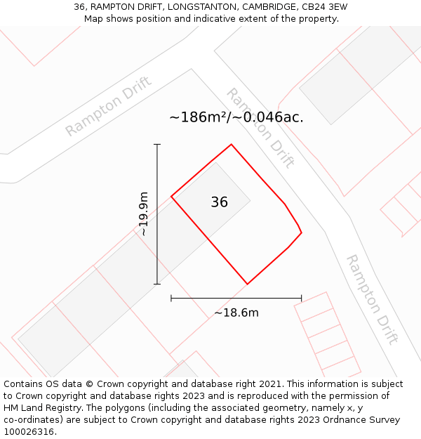 36, RAMPTON DRIFT, LONGSTANTON, CAMBRIDGE, CB24 3EW: Plot and title map