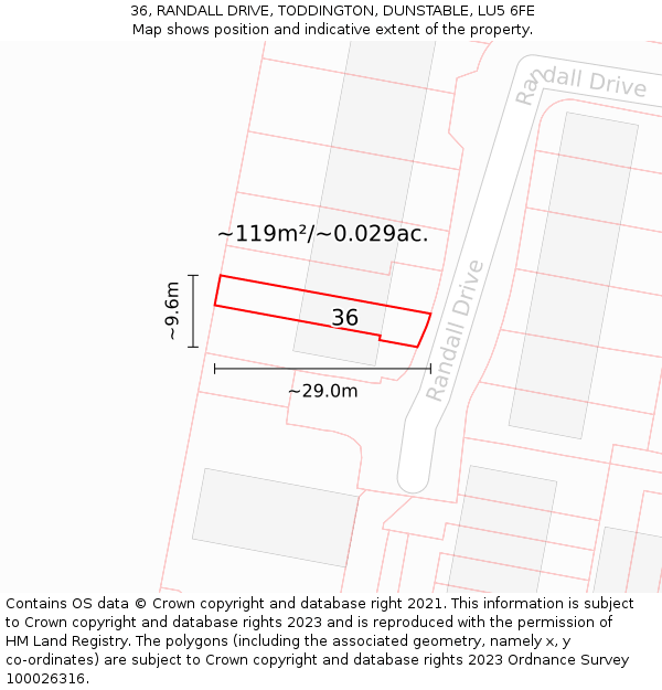 36, RANDALL DRIVE, TODDINGTON, DUNSTABLE, LU5 6FE: Plot and title map