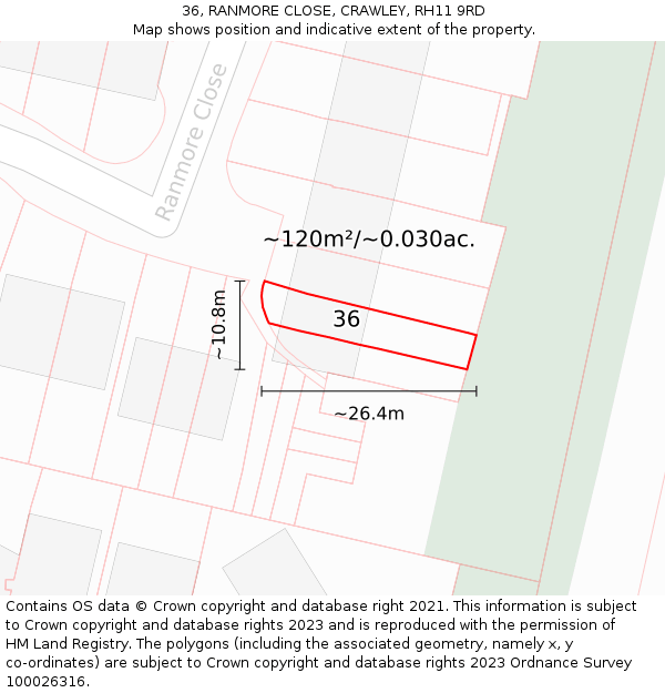 36, RANMORE CLOSE, CRAWLEY, RH11 9RD: Plot and title map