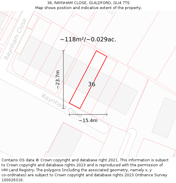 36, RAYNHAM CLOSE, GUILDFORD, GU4 7TS: Plot and title map