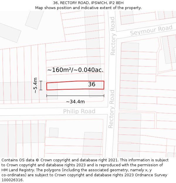 36, RECTORY ROAD, IPSWICH, IP2 8EH: Plot and title map